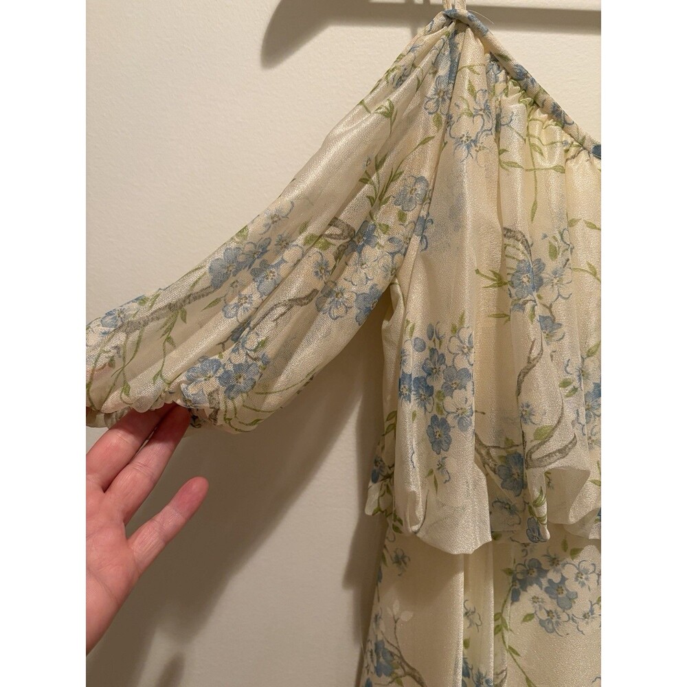 Vtg 70s Cream Delicate Blue Flowers Blouson Maxi Dress Floral Prairie Cottage - Picture 3 of 16